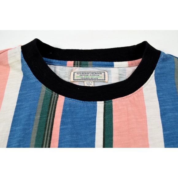 Guess LA Striped T-Shirt‎ Short Sleeve Embroidered Logo &  American Flag Men's L - Picture 11 of 13